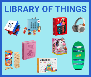 Library of things. rubix cube, tonie box, Nintendo Switch, noise cancelling headphones, candy land game, weighted unicorn stuffed animal, jenga game, magnatiles, spooner board
