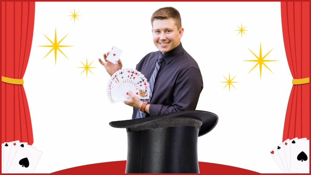 man holding cards popping out of a tophat