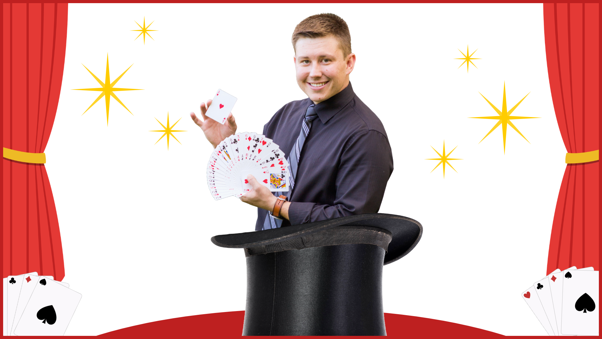 man holding cards popping out of a tophat